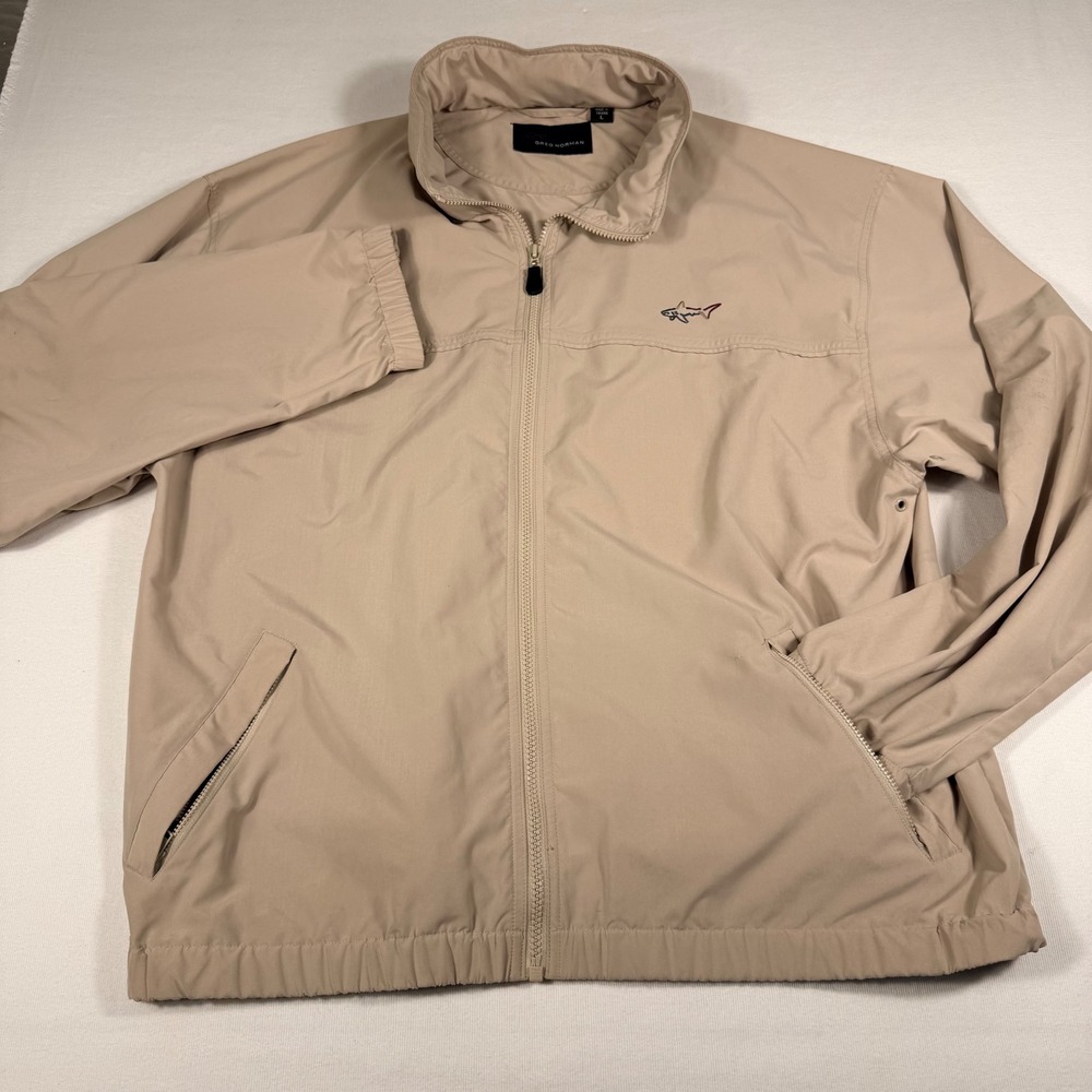 Greg Norman Golf Windbreaker Jacket L Tan Full Zip Shark Logo Mens Hidden Hood